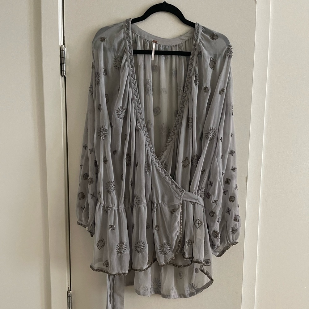 Free People Bohemian Beaded Blue Beaded Blouse Small
